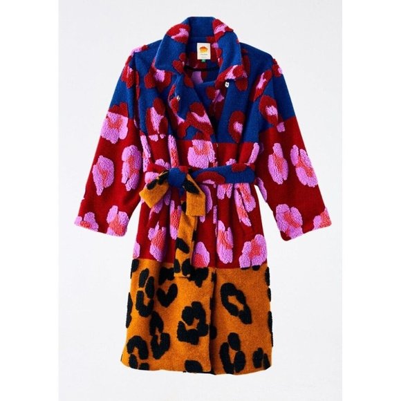 FARM Rio Coat L Mixed Leopards Fleece Coat Pink Multi Belted Cozy - Picture 5 of 15